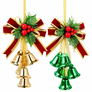OEM Custom Metal Christmas Jingle Bell Hanging Ornament With Ribbon Bow Holly Leaves Berries For Tree Door Wreath Holiday Decor