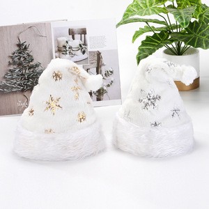 PARTYMENT Xmas White Plush Adult Sequins Snowflake Embroidery Decorations Christmas Plush Santa Claus Hat with Gold Silver