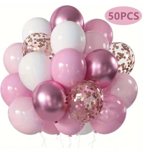 50pcs Hot Pink and Pink Metallic Latex Balloons Suitable for Birthdays, Baptisms, Christmas, Halloween, and Themed Parties