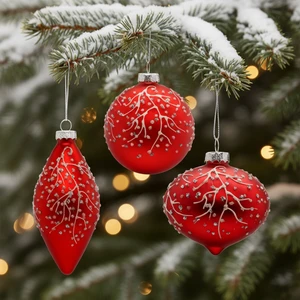 Red Matte Glass Christmas Ball Set of 3 with White Branch Rhinestone Xmas Tree Hanging Decorations for Holiday Home Party Decor