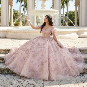 Jancember 8511 Dazzling pink off Shoulder Sequined Beaded Ball Gown Evening Party Dress for Quince