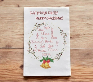 Custom Names Christmas Wreath White Cotton Printed Holiday Bells Holly Home Decor Gift Kitchen Towel Dish Towel Tea Towel