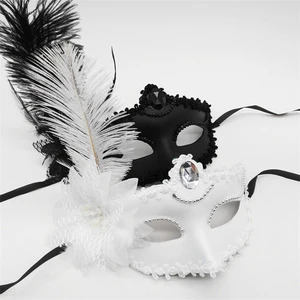 Women Masquerade Costume Mask With Diamond Half Face Feather Venetian Mask for Halloween Ball Party Black White