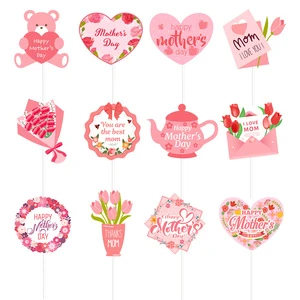 Hot-selling Mother's Day Theme Party Cake Topper Decoration Paper Cake with Wooden Flag Party Decoration Wholesale