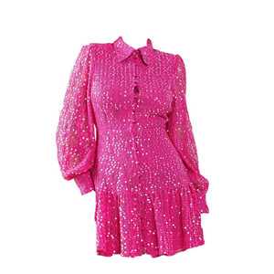 Women Pink Sequin Mini Dress Long Sleeve Party Cocktail Glam Sparkle Evening Birthday Outfit Clubwear Reception Maxi Gown Wear