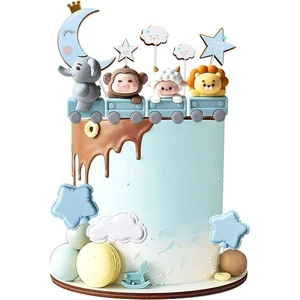 Cake Decorators 12pcs animal party cake decorations train elephant monkey lion lamb figurines crown and moon insert