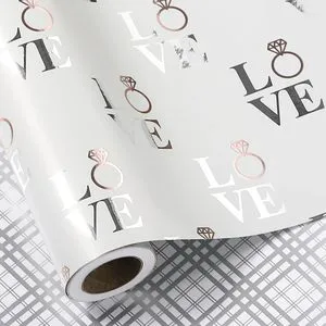 Wrapping Paper Roll Love with Ring & Plaid Design Silver Foil for Mother's Day Bridal Shower, Anniversay, Engagement, Valentines