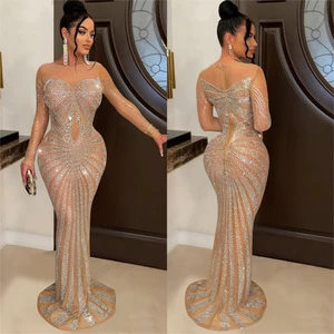 Elegant Women Long Sleeve Mesh Sequin Bling Evening Dress Glitter Sheer Panel Bodycon Party Gown for Banquet Prom