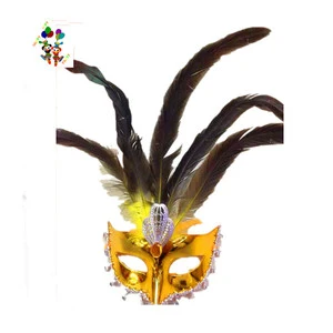 Venetian Party Dance Gold Color Masquerade Feather Mardi Gras Masks HPC-2137