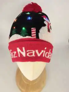 Unisex LED Light-Up Christmas Beanie Hat Customizable Logo Winter Warmer Head Cover Knitted Party Gifts with Character Pattern