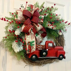 Red Truck Christmas Wreath Colourful Webbing Simulated Red Fruit Farmhouse Rustic Wreath Decoration