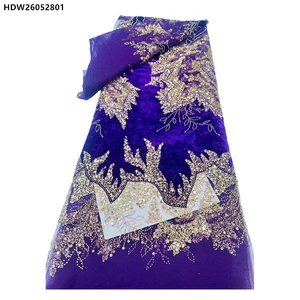 Elegant Purple African Nigerian Dress Glitter Velvet Tulle Lace Fabric Sequins Beaded Embroidered Velvet French Net Lace Fabric