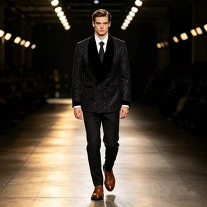 Wholesale Men Black Glitter Sequin Double Breasted Tuxedo Jacket Shawl Lapel Formal Blazer Evening Wedding Party Dinner Suit