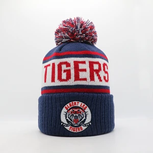 Low MOQ Custom Knitted Thick Soccer Football Fans Camouflage Bows Character Beanies Bobble Winter Hat 100% Acrylic Unisex