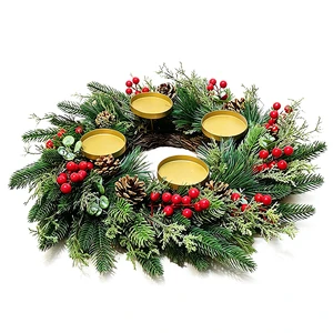 11.8 Inch Advent Wreath Candle Ring 4 Golden Plastic Candle Holders Artificial Fir Cedar Greenery Red Berries Thanksgiving