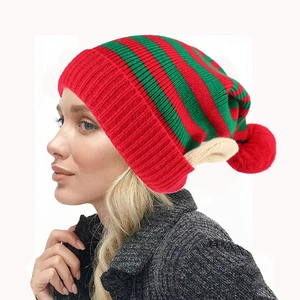 High Quality Custom Winter Warm Crazy Christmas Knit Knitted Two Toned Stripes Elf Ear Beanie Hats Cap