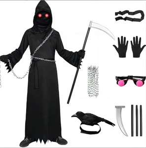 Unisex Halloween Horror Skeleton Ghost Costume Red Eye Death Jumpsuit With Character Pattern and Mask for Children's Dress up