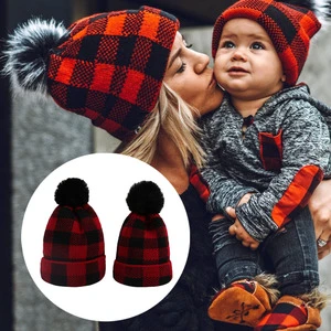 Wholesale Customized Winter Hat Christmas Knitted Hat Plush Parent Child Cap Plaid Beanies Knitted Hat