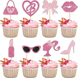 24-Piece Paper Cupcake Decorations Cut Style Glitter Print Pink Girls' Bow Cake Inserts for Wedding Birthday Party Supplies