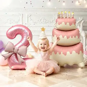 Disposable Foil Balloon Birthday Set Cake Shape Large Number Balloons with Bow Girl Cake Smash Scene Party Decoration