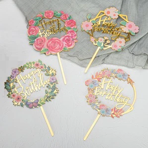 Acrylic Glitter Gold Silver Flower Theme Cake Toppers Tools Baking Cake Decoration Happy Birthday Decoration Party Supplies