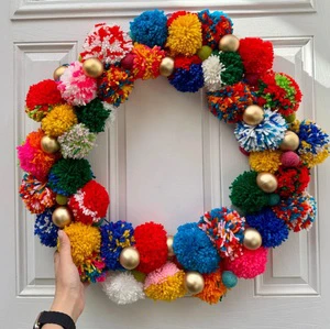 Handmade Pom Pom Wreath Christmas Wreath Garland Door Hanging for Home & Garden Decoration at Low Price