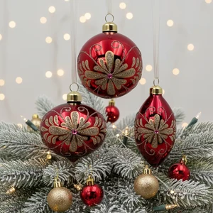 Hand-Blown Glass Christmas Balls, Matte Finish with 3-Color Floral Pattern, Round Ornaments Factory Wholesale