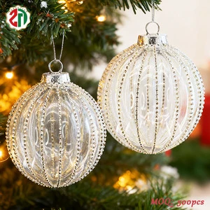 Wholesale Multi-Size Clear Glitter Beaded Christmas Ball Hanging Ornament Xmas Tree Stripe Ball Family Indoor Party Decoration