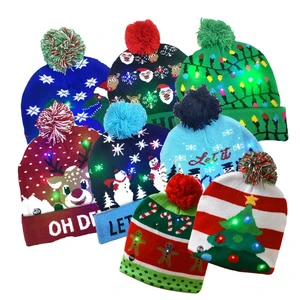 Ready to Ship Hot Sale New Design Christmas Gifts Decorations Santa Claus Hat LED Lights Warm Winter Knitted Beanies With Pompon