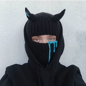 2pcs Men'S Funny Devil Horns Hat & Face Mask - Winter Warmth Headset with Expressive Eyes Cutouts, Soft Comfortable Party