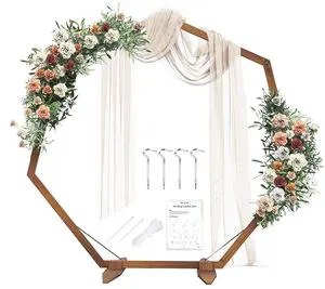 Wooden Wedding Arch, 7 FT Wedding Arbor Heptagonal Wooden Arch for Wedding Ceremony, Wood Arch Backdrop Stand Wedding Altar