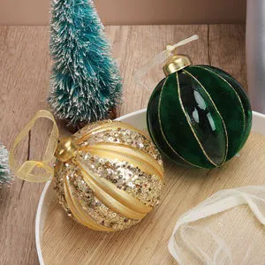 Gold Lined Striped Pumpkin Shaped Glass Christmas Ornaments, Sequin Filled Xmas Tree Hanging Balls Wholesale