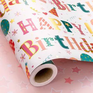 17th Birthday Gift Wrapping Paper For Girls Aluminized Balloons With Artistic Letters Design Double Sided Printed Star Pattern