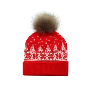 Winter Red Festive Christmas Jacquard Knit Unisex Adjustable Beanie New Year Gift Travel Hat