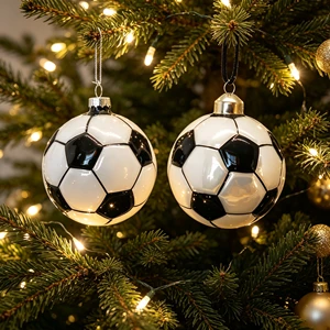 Black White 3D Soccer Ball Shaped Glass Christmas Baubles, Sports Themed Hanging Ornaments for Christmas Tree