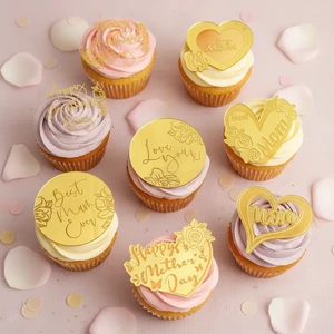 Acrylic Engraved Reusable Eco-Friendly Elegant Cake Cupcake Topper with Heart Shapes for Mother's Day