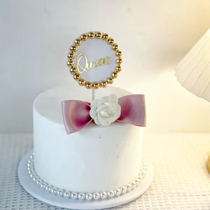 Hot Sale Mother's Day Cake Toppers Acrylic Round Ball Decoration Queen and Pink Bow Lace Cake Wrapper