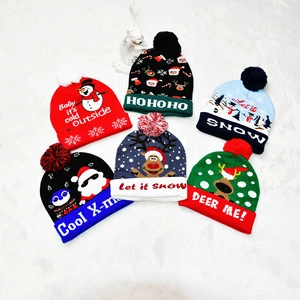 Wholesale Colorful LED Light Soft Warm Knitted Santa Snowman Reindeer Christmas Hat Adult Kids Party Hat Decor