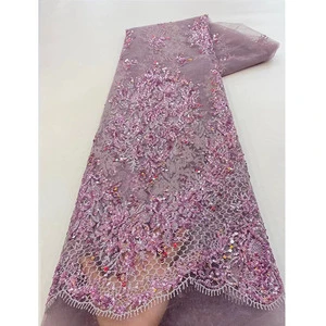 High Quality Elegant Women's Wedding Party Dress Shiny Glitter Lace Fabric Sequins Embroidery Tulle Mesh Feather Bead Decoration