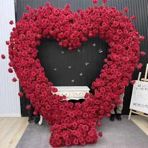 Hot Selling Floral Wedding Arch Artificial Silk 8ft*8ft Red Rose Heart Shaped Flower Wedding Arch for Proposal Wedding Backdrop