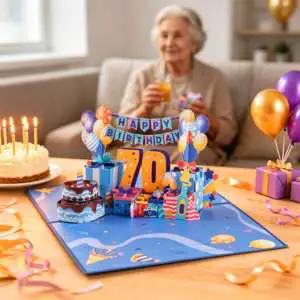Winpsheng 3D Pop Up 70th Birthday Card With Music Laser Cut Paper Balloon Cake Design Greeting Card