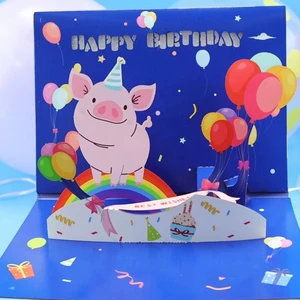 3D Pop Up Happy Birthday Card Cute Pig Design With Rainbow Balloons Snow White Paper Laser Cut Offset Printing Custom Logo