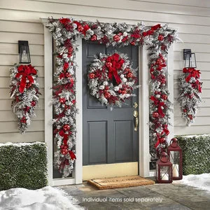 AYOYO Luxury Eco-Friendly Outdoor Christmas Vine PVC Snowfall Flocking Flower Wreath with Door Mount and Color Design