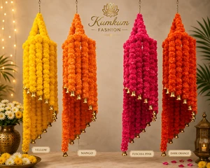 Artificial Marigold Flower Chandelier Jhumar with Bells Ceiling Hanging Decor for Wedding Diwali Mandir Home Entrance Decor