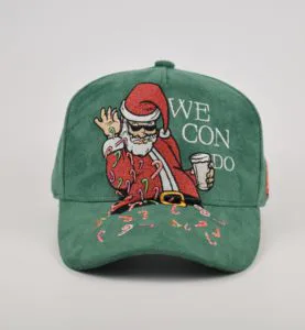 Christmas Themed Dobby 5-Panel Canvas Baseball Cap with Luminous Embroidered Santa Claus Holiday Design 100% Cotton Unisex