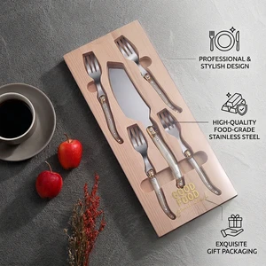 Wholesale Custom Logo 5pcs Laguiole Cake Server Fork Set Pearl Handle Stainless Steel Dessert Set In Gift Box For Events Party