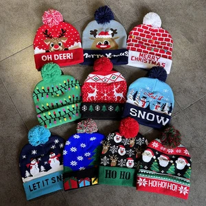Winter Hats Fashion Christmas High Quality Customized Knitted Hat Warm Pom-Pom Yarn with Cartoon Pattern for Adults