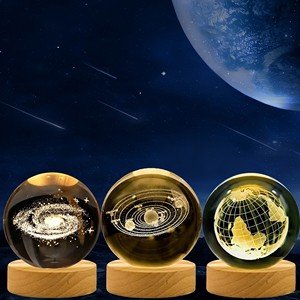 Factory Custom Popular Clear 3D Galaxy Moon Solar Souvenir Gifts LED Base 3D Laser Carved Crystal Glass Ball Sphere With Light