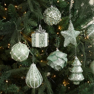 Elegant Green Glitter Christmas Decorations Balls Hanging Green Shatterproof Christmas Decorations Tree Balls For Xmas Trees