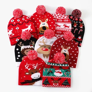 Customized European American Christmas Cartoon Pattern Jacquard Knitted Hat with LED Display Screen Fur Ball Unisex 100% Acrylic